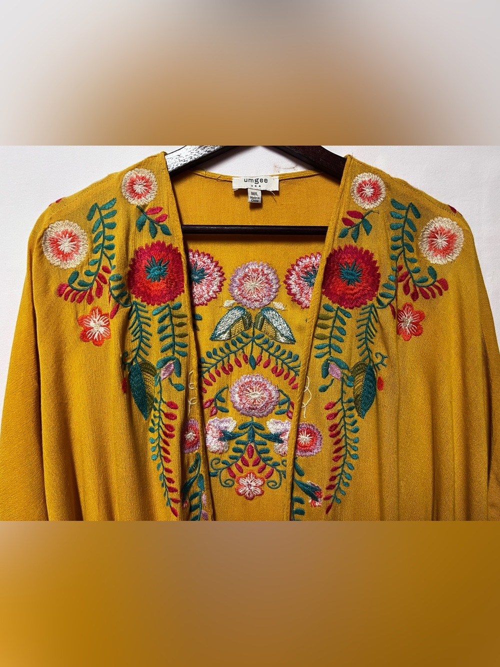 Umgee Mustard Yellow Floral Embroidered Kimono Cardigan M/L Oversized Boho Artsy - Picture 4 of 16